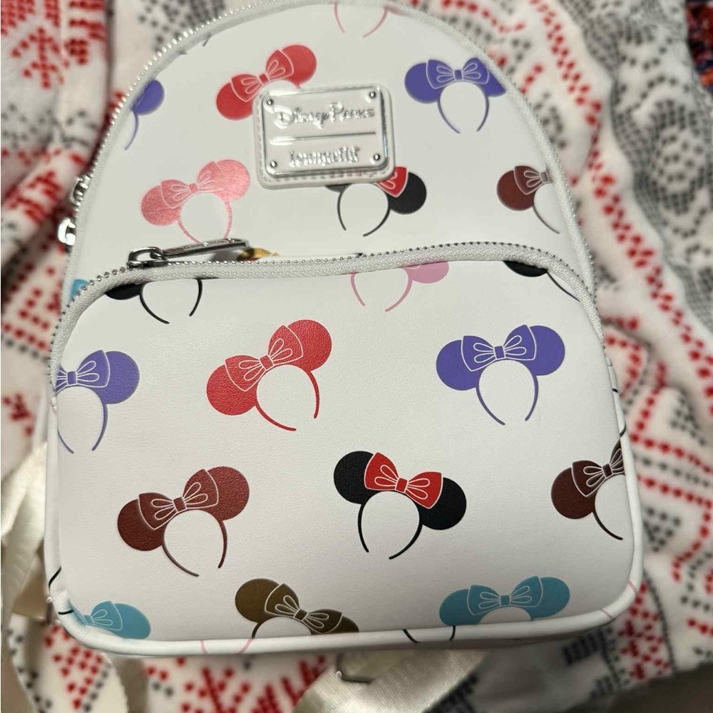 Loungefly White Mini Backpack with Multicolor Minnie Ear Silhouettes